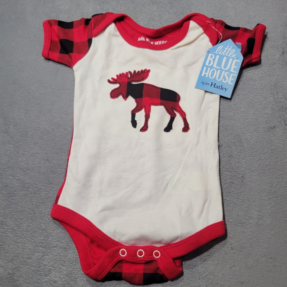 Little Blue House Hatley Bodysuit Baby 3-6M Red Buffalo Plaid Moose Cabin 12d61